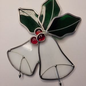 Leaded Stained Glass Bells Holly Suncatcher Christmas Ornament Handmade USA 6"M